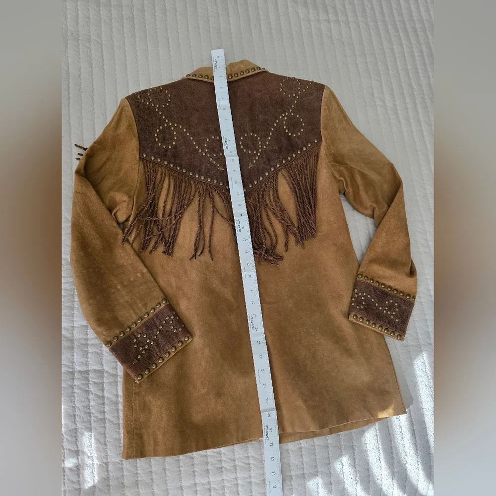 Womans Scully Leather Western Jack Two-Tone Brown Suede Fringe Stud Jacket - Picture 8 of 9